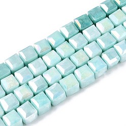 Бледно-бирюзовый Антикоррозийные гальванические стеклянные бусины, имитация драгоценных камней, кубические, с покрытием AB цвета, граненые, два тона, бледные бирюзовая, 7x7x6.5~7 мм, отверстие : 1.2~1.4 мм, около 53~54 шт / нитка, 14.49~15.08'' (36.8~38.3 см)