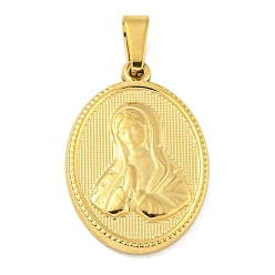 Золотой Ионное покрытие (ip) 304 подвески из нержавеющей стали, очарование религиозной темы, овальные с рисунками " virgin mary", золотые, 24x16x2~2.5 мм, отверстие : 5x3 мм