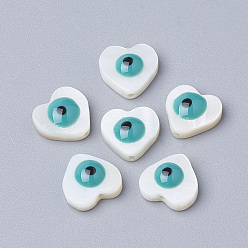 Cadet Blue Natural Freshwater Shell Beads, Heart with Evil Eye, Cadet Blue, 9.5x10x3.5mm, Hole: 1mm
