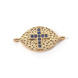 Golden Brass Micro Pave Cubic Zirconia Links connectors, Horse Eye with Cross, Blue, Golden, 10.5x21x2mm, Hole: 1.2mm