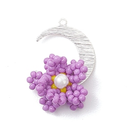 Средняя Орхидея Подвески из стеклянных бусин в виде луны и цветов, с соединителями из латуни, серебряные, средне орхидеи, 26.5x18.5x8 мм, отверстие : 1.2 мм