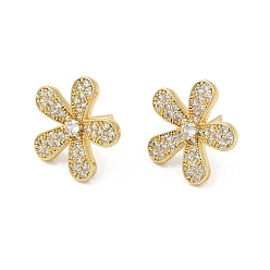 Real 18K Gold Plated Flower Brass Micro Pave Cubic Zirconia Stud Earrings for Women, Real 18K Gold Plated, 18.5x19mm