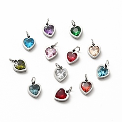 Mixed Color 304 Stainless Steel Pendants, with Cubic Zirconia and Jump Rings, Single Stone Charms, Heart, Stainless Steel Color, Mixed Color, 9x8x3mm, Hole: 3.6mm