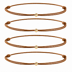 Saddle Brown Braided Polyester Cord 2-Strand Bracelet Sets for Women Men, Adjustable Stackable Bracelets with Brass Round Beads, Golden, Saddle Brown, 11.02 inch(28cm), 4pcs/set