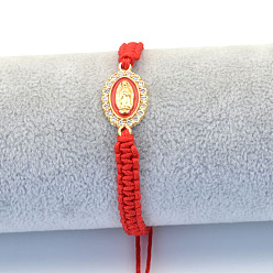 Красный Религиозные браслеты из сплава со стразами и эмалью, плетеные браслеты из хлопкового шнура для женщин, овальные с рисунками " virgin mary", красные, 6.30~11.81 дюйм (16~30 см)