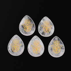 Хрусталь Природного кварца хрустальных подвесок, подвески-слезинки с золотым металлом, переплетенным в руку хамса, 32.5~33.5x24.5~25.5x7~8 мм, отверстие : 2 мм