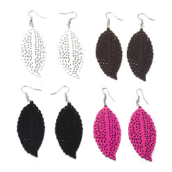 Mixed Color Trendy Leaf Wood Dangle Earrings, with Platinum Tone Alloy Earring Hooks, Mixed Color, 78~80x28~30mm, pin: 0.8mm