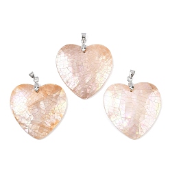 Легкий Лосось Подвески в форме сердца из натуральной розовой ракушки, с латунной поручительств, платина, стойки покрытие, светлый померанцевый, 34~34.5x34.5~35x4.5 мм, отверстие : 4.5x4 мм