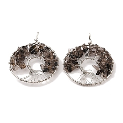 Дымчатый Кварц Натуральный дымчатый кварц большие подвески, с платиновой и латунной фурнитурой, долговечный, без свинца и без кадмия, плоские круглые с деревом, 62x49x6~13 мм, отверстие : 7x4 мм