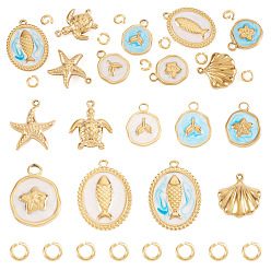 Mixed Shapes 9Pcs 9 Styles 304 Stainless Steel Enamel Pendants, Ion Plating(IP), Real 18K Gold Plated, with 8Pcs 304 Stainless Steel Jump Rings, Mixed Shapes, 15~23.5x13~17x2~5mm, Hole: 1~2.5mm, 1pc/style