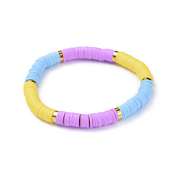 Colorful Stretch Bracelets, with Handmade Polymer Clay Heishi Beads and Brass Spacer Beads, Colorful, 2-1/8 inch(5.3cm)
