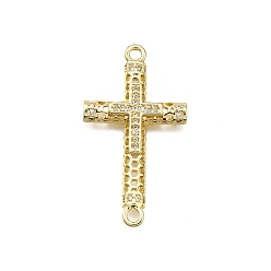Настоящее золото 18K Латунные микро-паве прозрачные кубические цирконии религиозные крестообразные соединители подвески, долговечный, без свинца и без кадмия, реальный 18 k позолоченный, 33x18x3 мм, отверстие : 1.8 мм