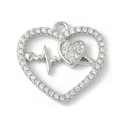 Платина Латунные микро проложить кубического циркония подвески, прелести в форме сердца, стойки покрытие, без свинца и без кадмия, платина, 18x19x3 мм, отверстие : 1.6 мм