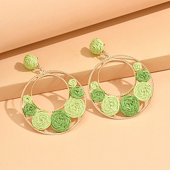 Light Green Alloy & Raffia Grass Woven Flower Dangle Stud Earring for Women, Round, Light Green, 82x60mm