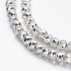 с Покрытием Серебра Гальванизировать немагнитных синтетический гематит бисер пряди, граненые, рондель, со серебряным покрытием, 4x3 мм, отверстие : 1 мм, около 128 шт / нитка, 15.7 дюйм