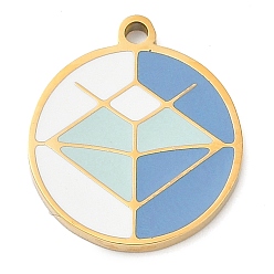Озёрно--синий 304 подвески из нержавеющей стали, с эмалью, плоский круглый шарм, золотые, Плут синий, 17x15x1.7 мм, отверстие : 1.4 мм