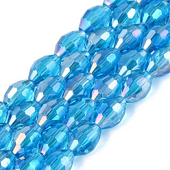 Deep Sky Blue Electroplate Transparent Glass Beads Strands, Rice, AB Color Plated, Faceted, Deep Sky Blue, 8~8.5x5.5~6mm, Hole: 1~1.2mm, about 67~68pcs/strand, 21.46~22.24 inch(54.5~56.5cm)
