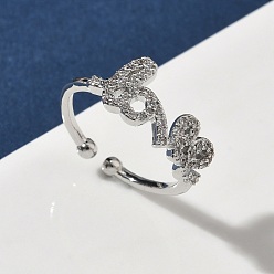 Платина Латунные микро проложить манжеты кольца кубического циркония, Слово любовь, долговечный, стойки покрытие, без свинца и без кадмия, платина, 8 мм