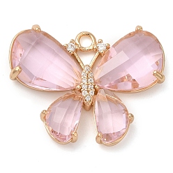 Розовый Подвески из латуни с покрытием из прозрачного кубического циркония, со стеклом, без свинца и без кадмия, долговечный, бабочка, реальный 14 k позолоченный, туманная роза, 22x29x5 мм, отверстие : 2 мм