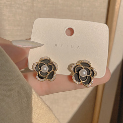 Цветок Серьги-гвоздики из пластика с имитацией жемчуга, с кристально горный хрусталь, золотые, цветок, 16x16 мм