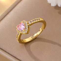 Pink Регулируемые кольца для манжеты из нержавеющей стали и латуни с микропаве из прозрачного кубического циркония., сердце, широкая полоса кольца, золотые, розовые, внутренний диаметр: 304 мм