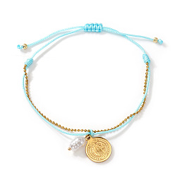 Небесно-голубой Богемный стиль 304 браслеты из нержавеющей стали с подвесками, Браслеты из круглых латунных бусин, двухслойные, для женщин, плоские круглые с святым Бенедиктом, с полиэстером и пластиковыми жемчужинами, голубой, 11.02 дюйм (28 см)