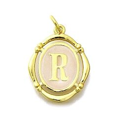 Letter R Латунные подвески, с эмалью, овальный с буквой, реальный 18 k позолоченный, с целью перехода в кольце, Буква R, 20x15~15.5x2 мм, отверстие : 3.5 мм