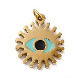 Turquoise 304 Stainless Steel Charms, with Enamel and Jump Ring, Real 14K Gold Plated, Sun with Eye Charm, Turquoise, 11.8x10x1.1mm, Hole: 1.4mm