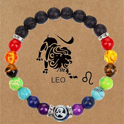 Лео 12 созвездия 7 чакра натуральная лава, агат, аметист, тигровый глаз, бирюза и стеклянные круглые бусины, растягивающиеся браслеты, Лев, 7-1/4 дюйм (18.5 см)