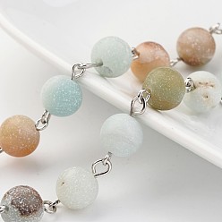 Amazonite Handmade Natural Amazonite Beaded Chains, Unwelded, with Brass Eye Pin, Platinum, 39.3 inch
