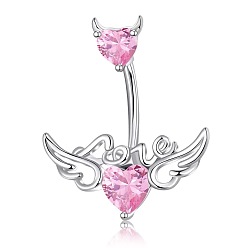 Pink 304 изогнутые кольца для живота с подвеской из нержавеющей стали и кубическим цирконием, сердце с крыльями ангела, цвет нержавеющей стали, розовые, длина стержня: 3/8"(10мм), штифты : 1.2 мм