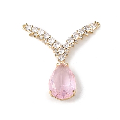 Pink Rack Plating Brass Micro Pave Cubic Zirconia 2-Loop Pendants, Teardrop & V-shape Charm, with Glass, Cadmium Free & Lead Free, Long-Lasting Plated, Real 18K Gold Plated, Pink, 36x36x7mm, Hole: 1mm