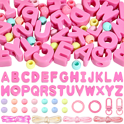 Ярко-Розовый Сделай сам наборы для ключей, включая буквы, акриловые европейские бусины, Канаты из полиэстера и спандекса, а также застежки из сплава., ярко-розовый, 10x8 мм, отверстие : 5 мм, 50 шт