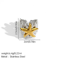 Golden & Stainless Steel Color 304 Stainless Steel Cuff Open Rings, Starfish, Two-Tone Ring, Golden & Stainless Steel Color, 23mm, Inner Diameter: 20mm