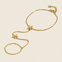 Real 18K Gold Plated 304 Stainless Steel Flower Hand Chain Ring Bracelets for Women, Real 18K Gold Plated, 6.69 inch(17cm)