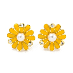 Gold Rack Plating Brass Micro Pave Clear Cubic Zirconia Stud Earring, with Enamel, Cadmium Free & Lead Free, Long-Lasting Plated, Real 18K Gold Plated, Flower, Gold, 15x15mm
