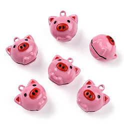 Pink Латунные подвески-колокольчики, с эмалью, свинья, розовые, 21x20x19 мм, отверстие : 2 мм