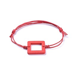 Red Adjustable Waxed Cotton Cord Bracelets, Red String Bracelets, with Painted Boxwood Links, Square, Red, 6 inch~10-1/4 inch(15~26cm)
