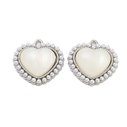 Платина Подвески из смолы из металлического сплава, Подвески-сердечки с искусственным жемчугом из пресса, платина, 21.5x22x7 мм, отверстие : 2 мм