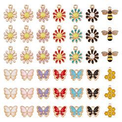 Mixed Color 56Pcs 4 Styles Alloy Enamel Pendants, Butterfly & Chrysanthemum & Bees, Light Gold, Mixed Color, Container: 68x52x11mm
