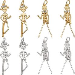 Clear 8Pcs 4 Style Halloween Brass Micro Pave Clear Cubic Zirconia Pendants, Skeleton Man, Mixed Color, 24x7.5x3mm, 4style, 2pcs/style