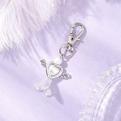 Белый Подвеска в виде цветка-сердца из искусственного акрилового жемчуга с крыльями из сплава, Сплав с застежками когтя омара, старинное серебро и платина, белые, 64 мм, подвески: 34x27.5x15.5 мм