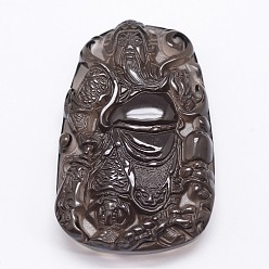 Black Natural Ice Crystal Obsidian Carven Pendants, Kwan Kung, Black, 57x36x10mm, Hole: 1mm