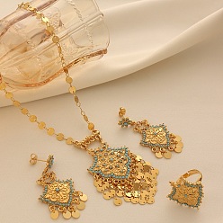 Светло-Голубой Комплекты из ожерелий, подвесок и колец из сплава кубического циркония, золотые, ромб, Небесно-голубой, 480 мм