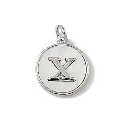 Letter X Латунный паве натуральный ракушка плоский круглый с буквенными подвесками, платина, долговечный, без свинца и без кадмия, стойки покрытие, цвет морской раковины, Письмо X, 15x13x2 мм, отверстие : 3 мм