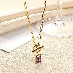 Фиолетовый 304 Кулон или ожерелье из нержавеющей стали с квадратным камнем-талисманом, инкрустированным кубическим цирконием., золотые, фиолетовые, 17.72 дюйм (45 см)