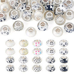 Белый 30шт. напечатанных прозрачных европейских бусин из смолы, бусины с большим отверстием, рондель с латунными сердечниками, покрытыми серебром, и блестящей пудрой, белые, 14x8.5 мм, отверстие : 5 мм