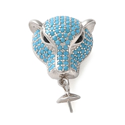 Deep Sky Blue 925 Sterling Silver Peg Bail Pendants, with Cubic Zirconia, Real Platinum Plated, Leopard, Deep Sky Blue, 22mm, Hole: 10x3.5mm, Pin: 0.8mm