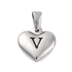 Letter V 304 подвески из нержавеющей стали, сердце с черной буквой, цвет нержавеющей стали, Буква V, 16x16x4.5 мм, отверстие : 7x3 мм