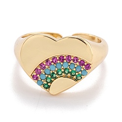 Golden Brass Micro Pave Cubic Zirconia Cuff Rings, Open Rings, Long-Lasting Plated, Heart, Colorful, Golden, US Size 8, Inner Diameter: 18mm